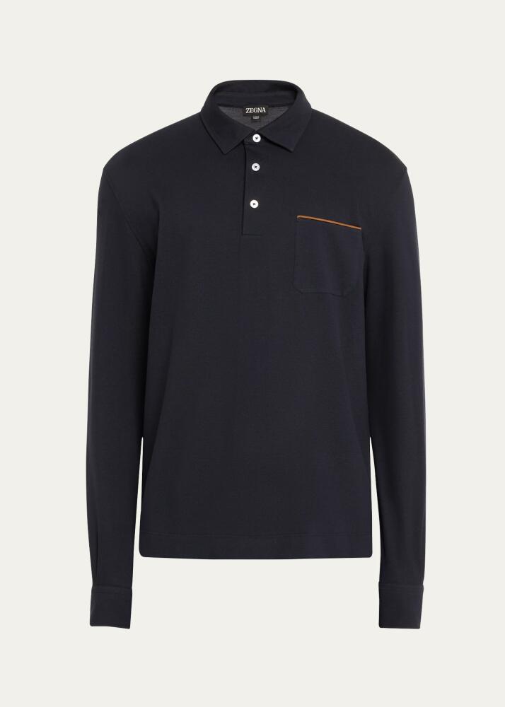 ZEGNA Men's Long-Sleeve Polo Shirt with Leather-Trim Pocket Cover