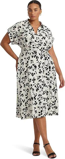 LAUREN Ralph Lauren Plus-Size Leaf-Print Belted Crepe Dress (Cream/Black) Women's Dress Cover