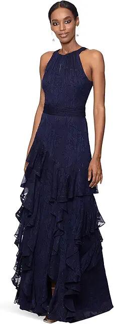 XSCAPE Long Chiffon Tiered Ruffle Dress (Navy) Women's Dress Cover