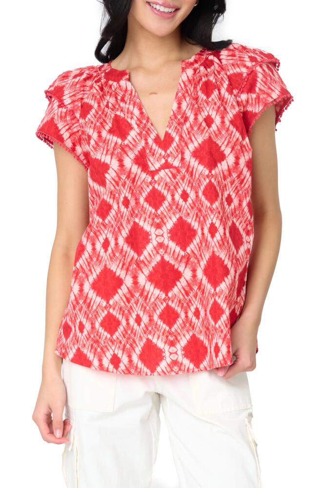 GIBSONLOOK Batik Print Flutter Sleeve Cotton Poplin Top in Radiant Red Batik Print Cover