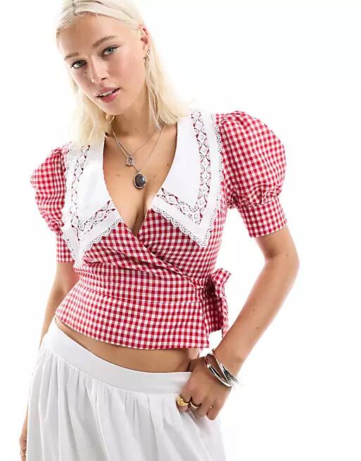 Reclaimed Vintage western wraparound shirt with collar in red gingham-Multi Cover