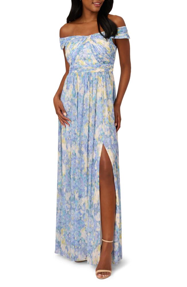 Adrianna Papell Off the Shoulder Chiffon Gown in Blue Multi Cover