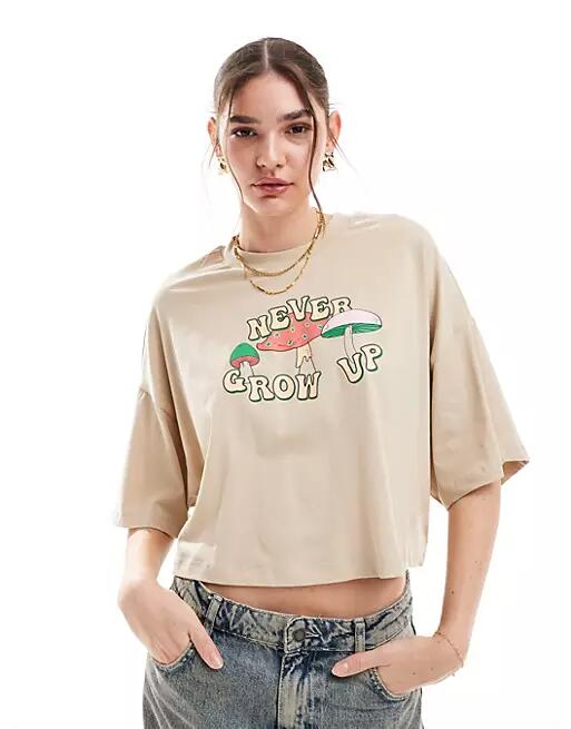 ONLY never grow up graphic cropped t-shirt in beige-Neutral Cover