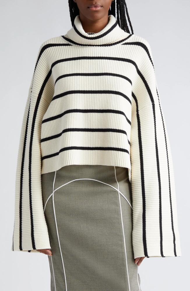 GESTUZ Georgiagz Stripe Wide Sleeve Cowl Neck Sweater in Egret With Black Stripes Cover