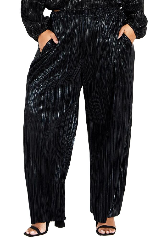 City Chic Lexie Metallic Plissé Wide Leg Pants in Black Cover