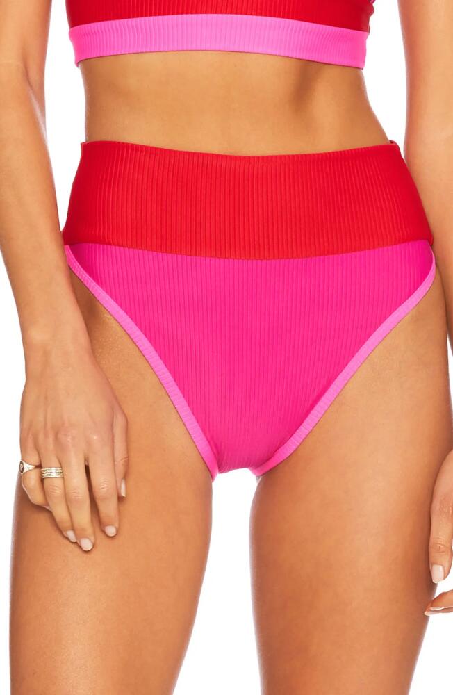 Beach Riot Emmy Colorblock High Waist Bikini Bottoms in Fuchsia Red Neon Pink Cover