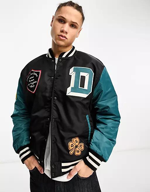 Deus Ex Machina alumni varsity jacket in black exclusive to ASOS Cover