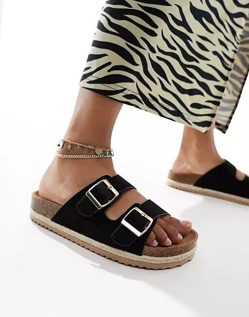 South Beach double buckle espadrille sandals in black textile Cover