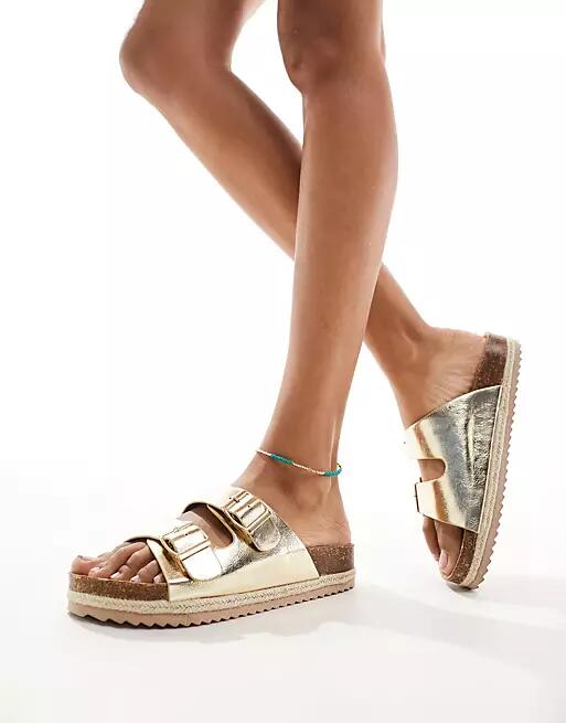 South Beach double buckle espadrille sandals in gold Cover