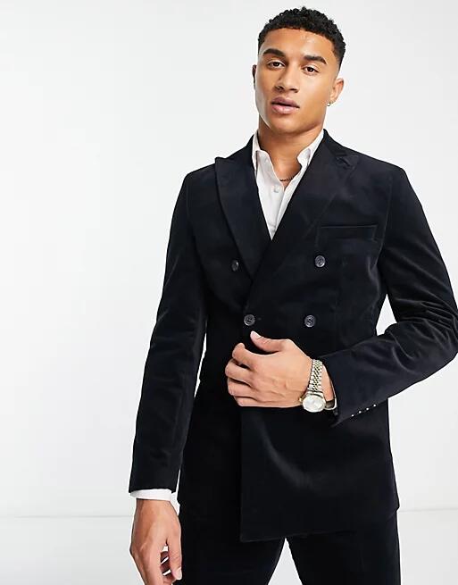 Selected Homme slim fit double breasted suit jacket in navy cord Cover