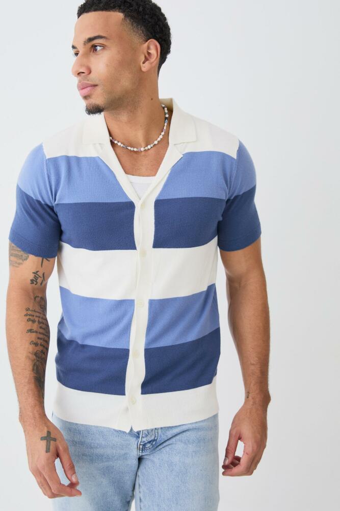 boohoo Mens Short Sleeve Revere Stripe Knitted Shirt - Blue Cover