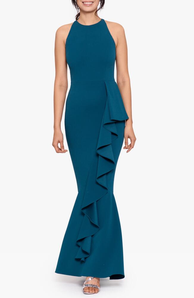 Betsy & Adam Ruffle Mermaid Gown in Azure Cover