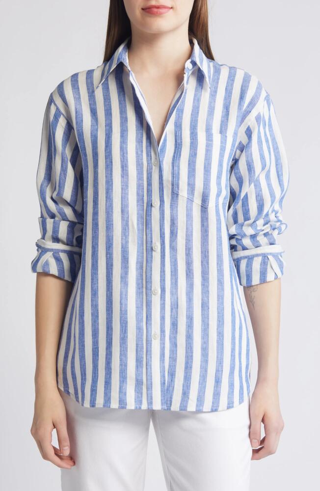 Boden Connie Stripe Linen Button-Up Shirt in Cobalt Stripe Cover