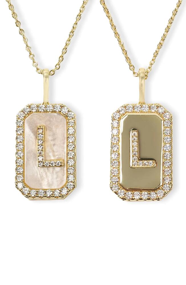 Melinda Maria Love Letters Double Sided Mother-of-Pearl Initial Pendant Necklace in White Cubic Zirconia/Gold - L Cover