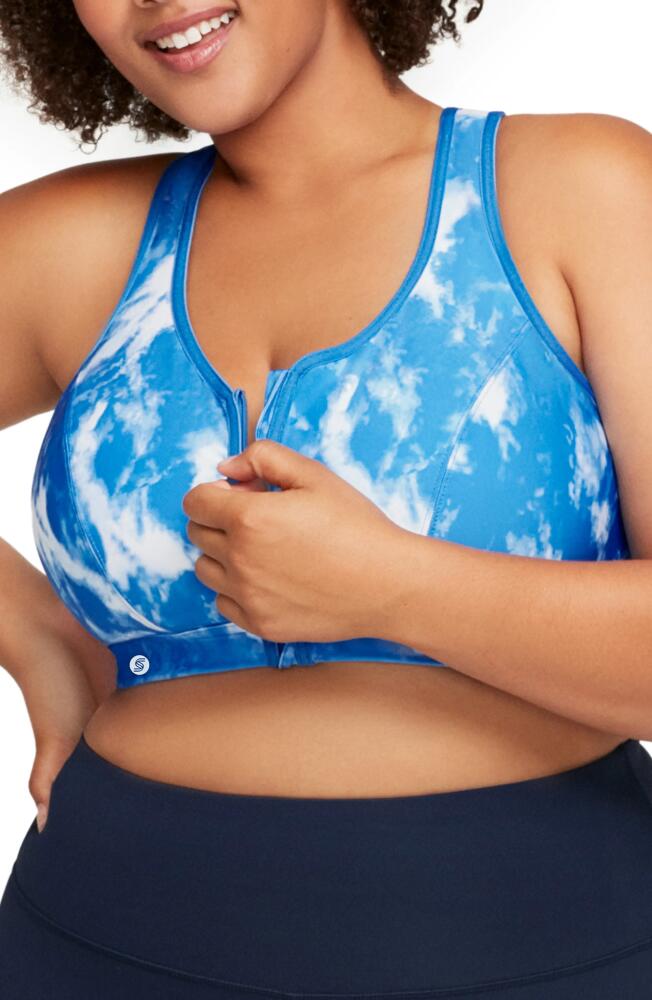 Glamorise Full Figure Zip-Up Sports Bra in Blue Tie-Dye Cover