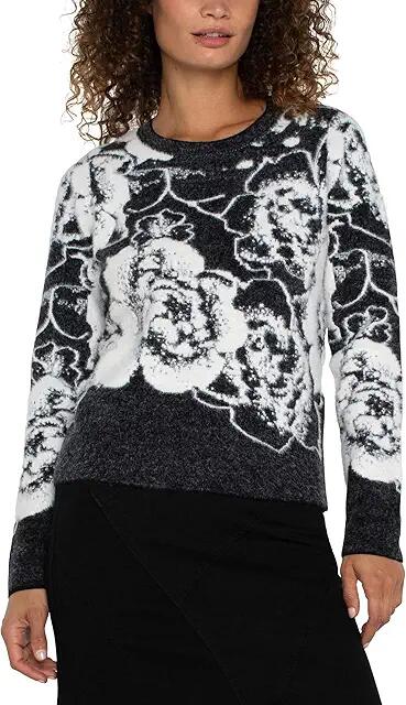 Liverpool Los Angeles Long Sleeve Crew Neck Jacquard Sweater (Black White Floral) Women's Sweater Cover