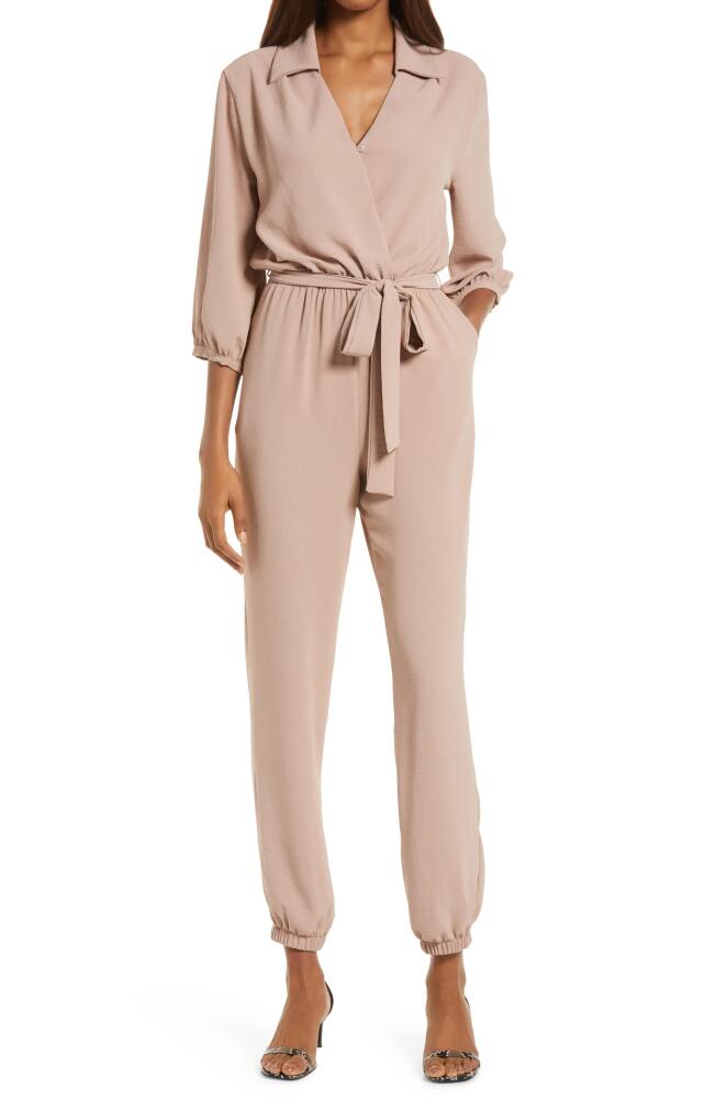 Fraiche by J Tie Waist Long Sleeve Jumpsuit in Beige/Khaki Cover