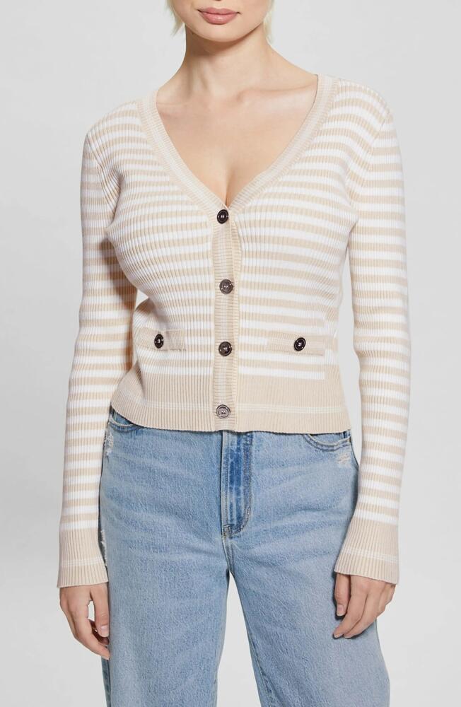 GUESS Marti Stripe Rib Cardigan in Pearl Oyster Multi Cover