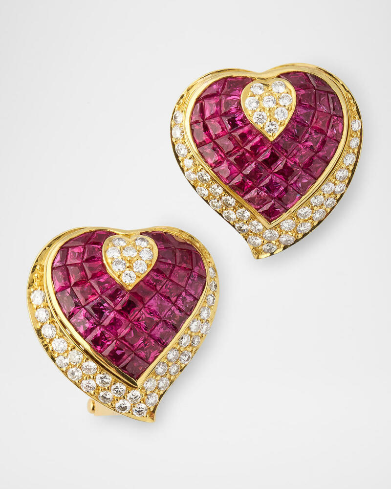 NM Estate Estate 18K Yellow Gold Pave Diamond and Invisible Set Ruby Heart Earrings Cover