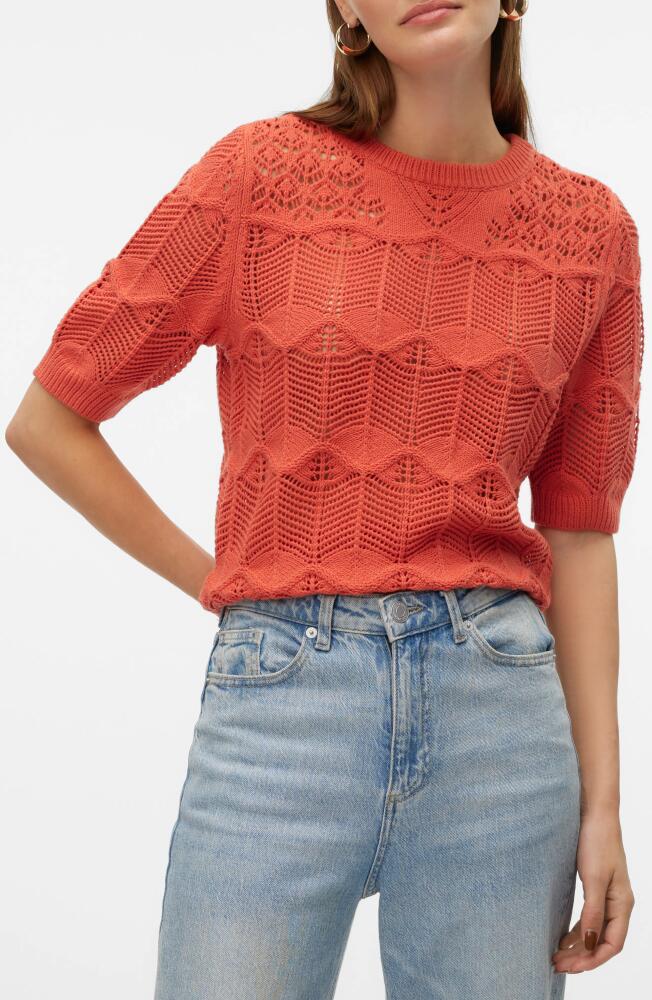 VERO MODA Alexia Short Sleeve Pointelle Cotton Blend Sweater in Burnt Sienna Cover