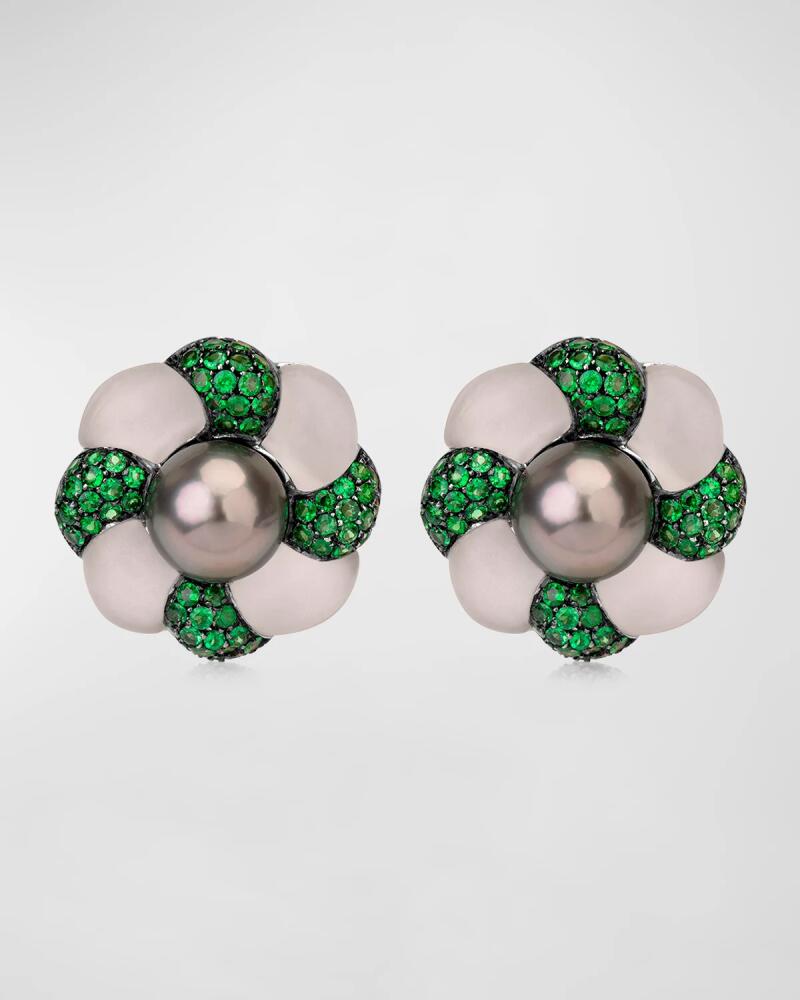 Andreoli 18K White Gold Tsavorite, Crystal and Pearl Flower Earrings Cover