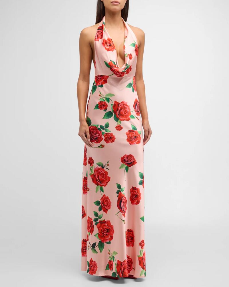 Sau Lee Presley Backless Floral Satin Halter Gown Cover