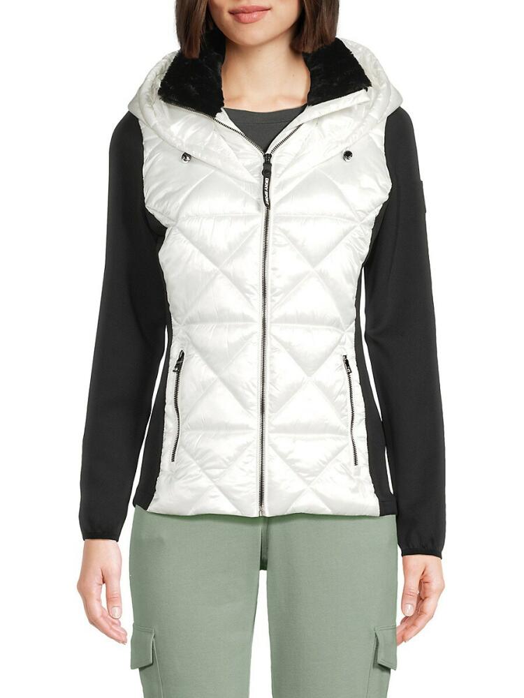 DKNY Sport Women's Mixed Media Hooded Puffer Jacket - White Black Cover