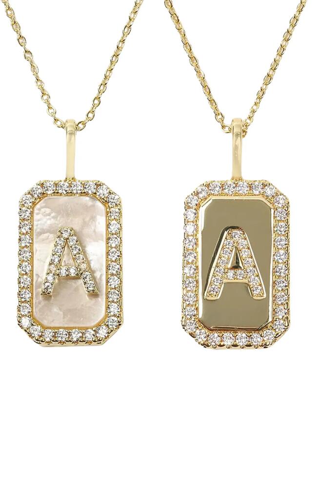 Melinda Maria Love Letters Double Sided Mother-of-Pearl Initial Pendant Necklace in White Cubic Zirconia/Gold - A Cover