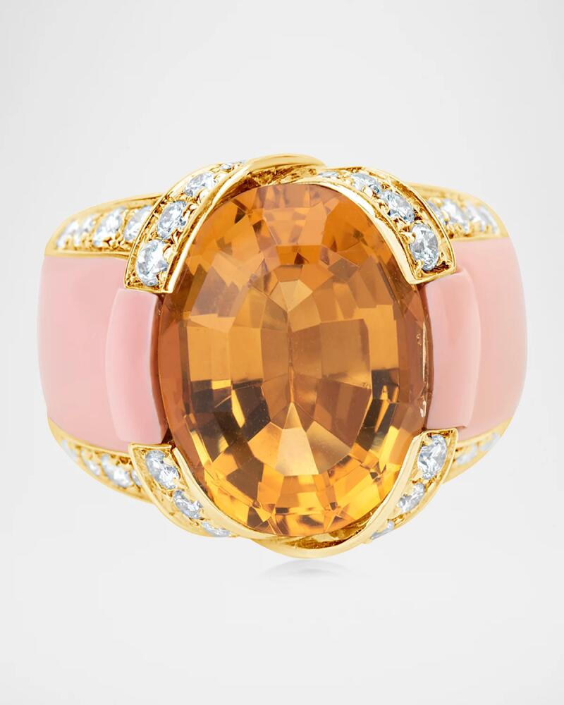 Andreoli 18K Yellow Gold Oval Yellow Quartz and Diamond Statement Ring with Coral Cover