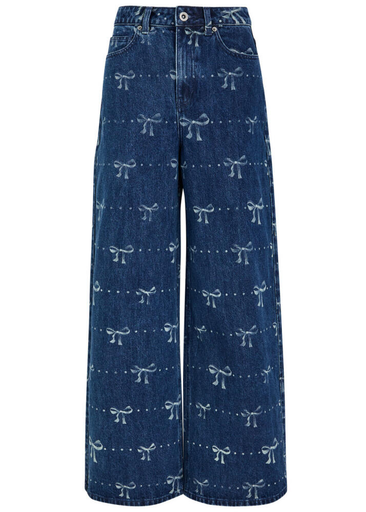 Self-portrait Bow-print Wide-leg Jeans - Denim Cover