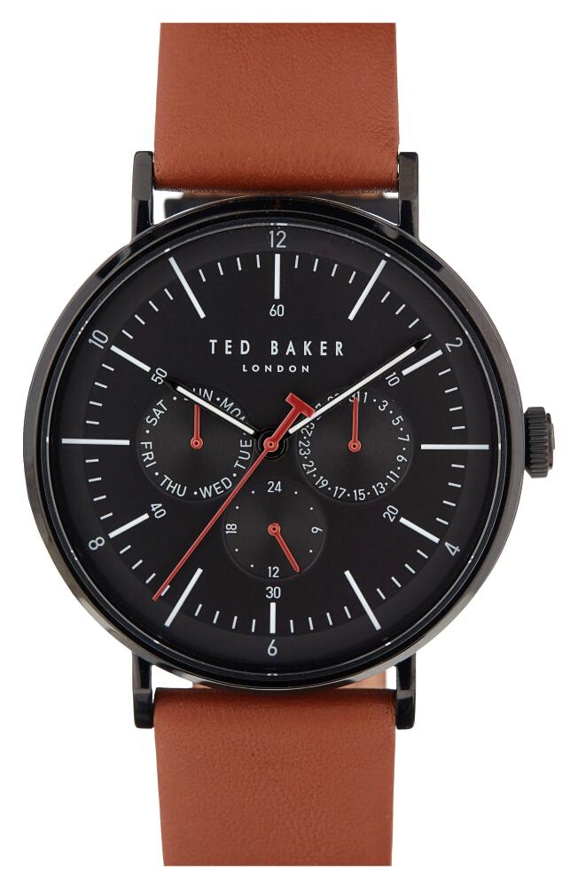 Ted Baker London Timeless Leather Strap Watch, 20mm in Black/Black/Tan Cover