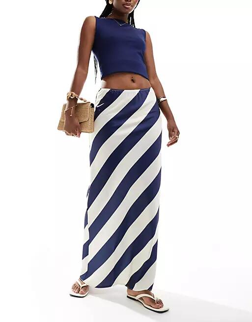 ASOS DESIGN satin bias cut maxi skirt in navy stripe-Multi Cover