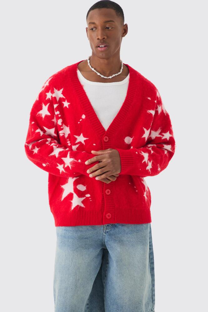 boohoo Mens Oversized Boxy Star Brushed Knitted Cardigan - Red Cover