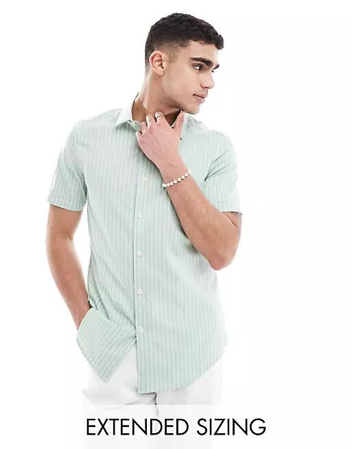 ASOS DESIGN slim work shirt in green and white stripe Cover