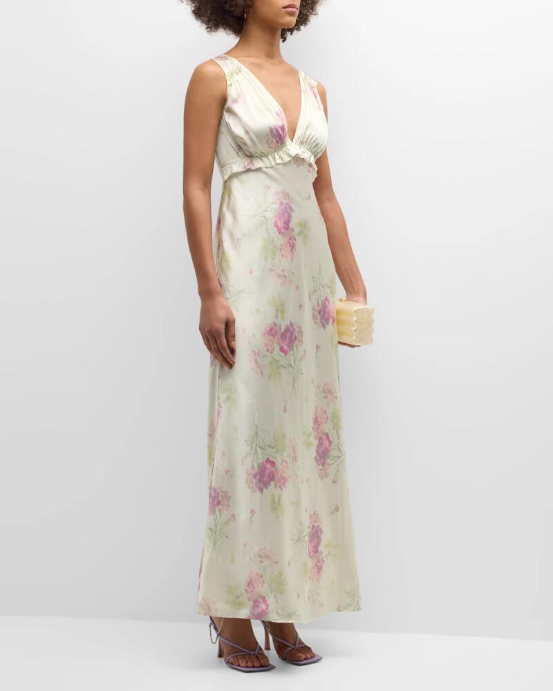 LoveShackFancy Suniva Sleeveless Floral Silk V-Neck Midi Dress Cover