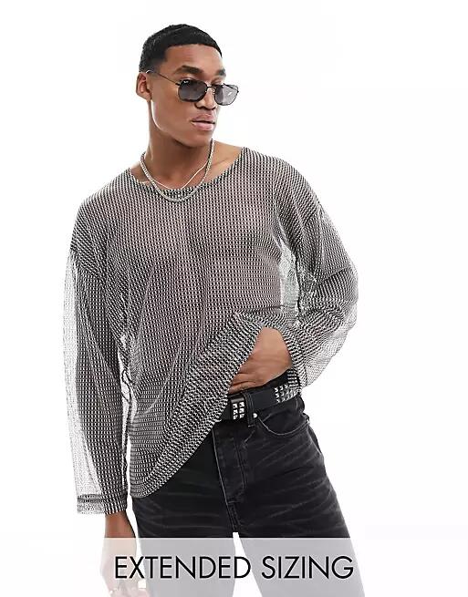 ASOS DESIGN oversized long sleeve T-shirt in open mesh-Black Cover