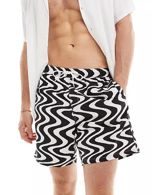 ASOS DESIGN swim shorts in mid length in black wave print Cover