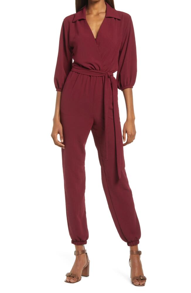 Fraiche by J Tie Waist Long Sleeve Jumpsuit in Merlot Cover