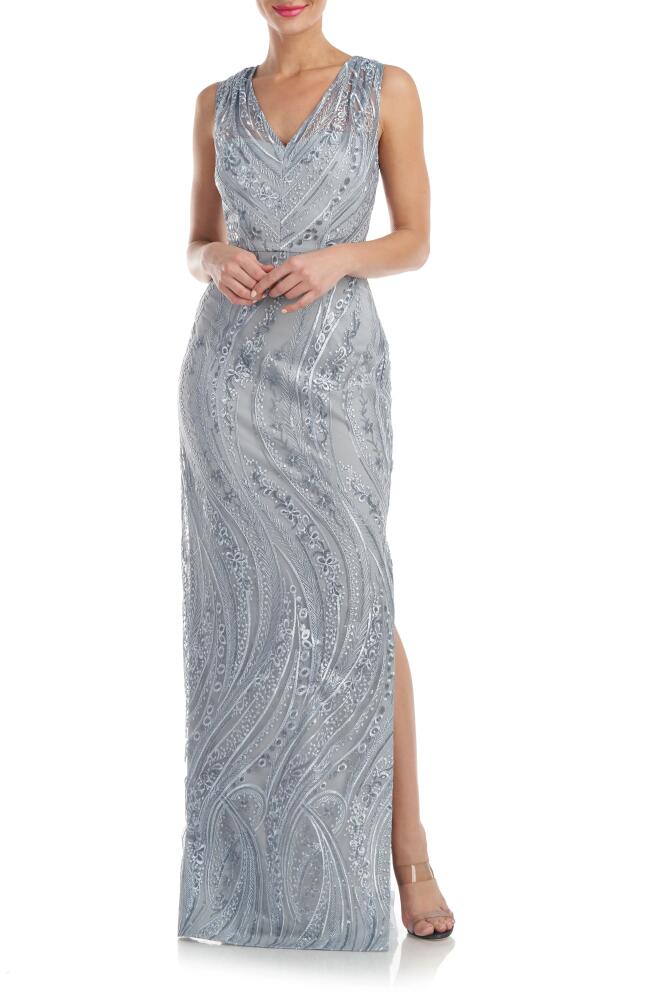 JS Collections Rosalynn Embroidered Floral V-Neck Column Gown in Silver Cover