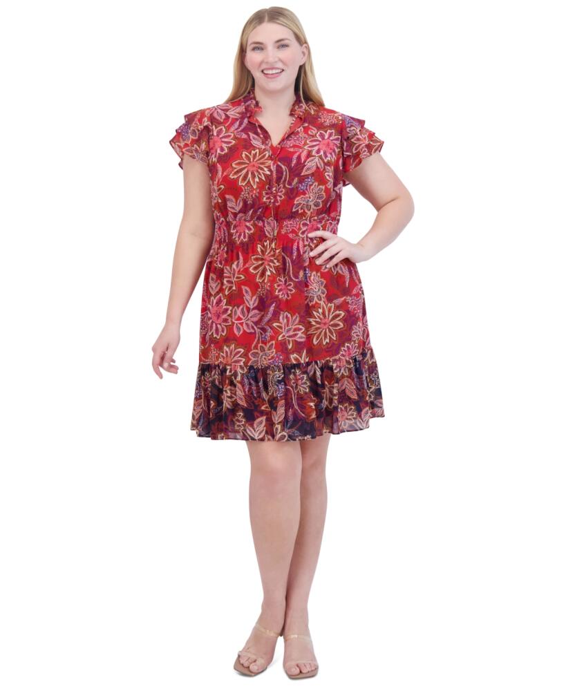 Vince Camuto Plus Size Printed Chiffon Smocked-Waist Dress - Red Cover