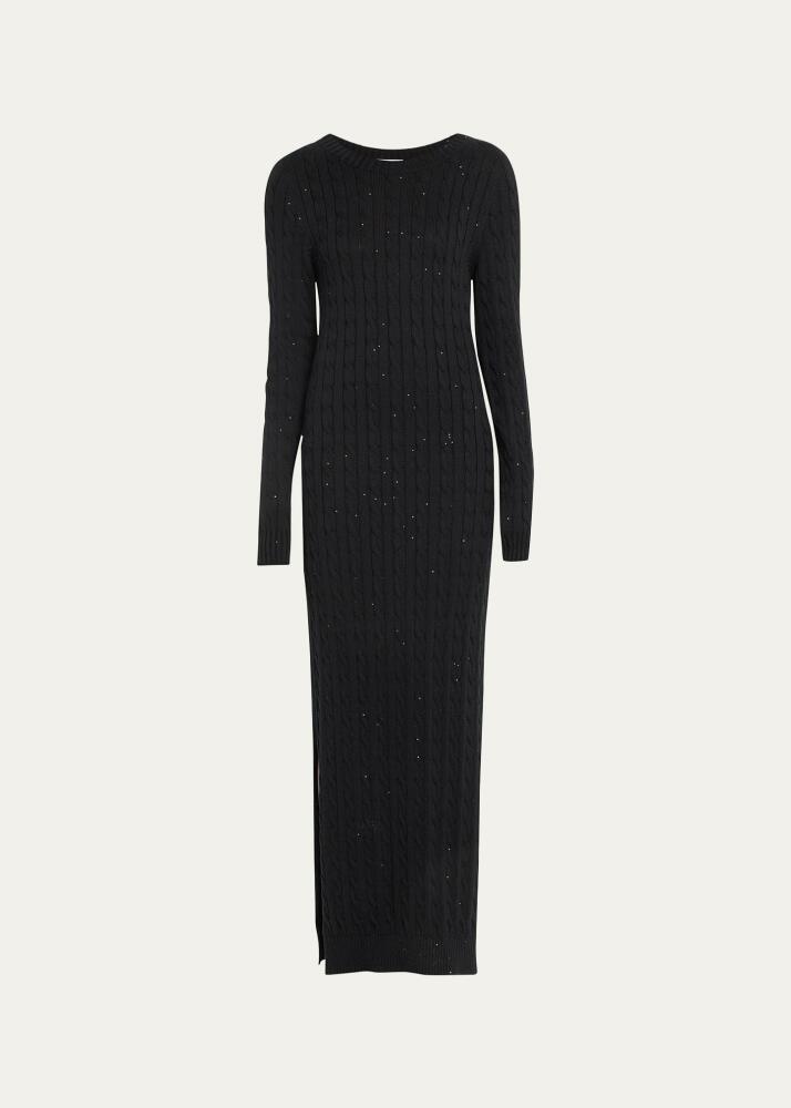 Brunello Cucinelli Paillette Cotton Cable-Knit Long-Sleeve Slits Sweater Gown Cover