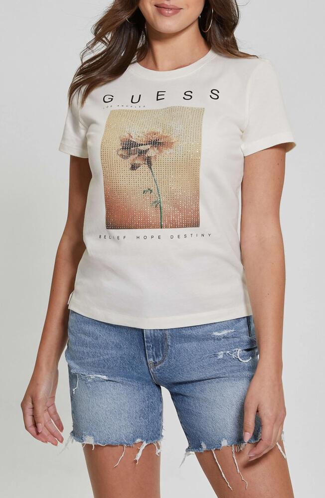 GUESS Beaded Floral Graphic Cotton T-Shirt in Cream White Multi Cover