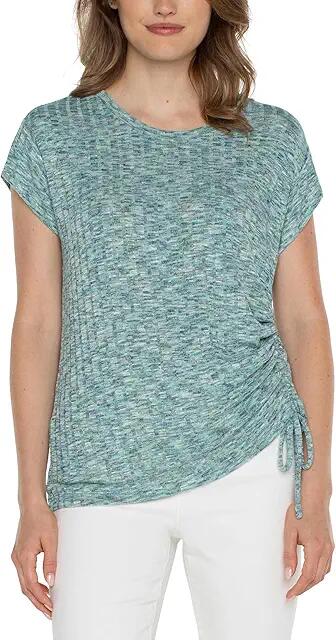 Liverpool Los Angeles Short Sleeve Scoop Neck with Side Tie Detail Space Dye Rib Knit (Mermaid Teal Spacedye) Women's Clothing Cover