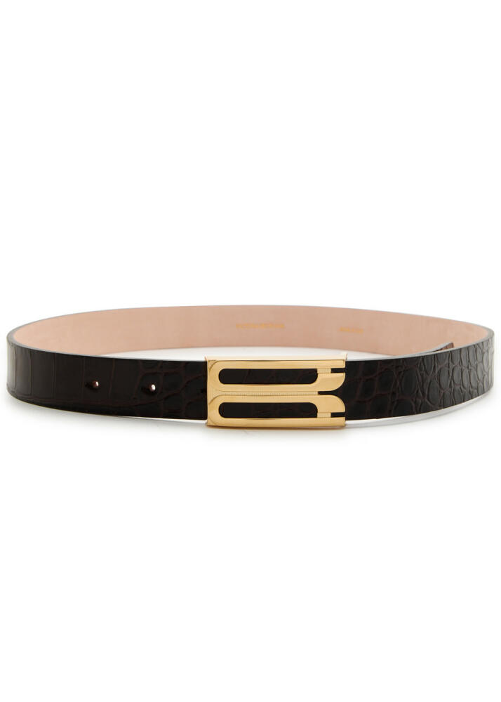 Victoria Beckham Frame Crocodile-effect Leather Belt - Dark Brown Cover