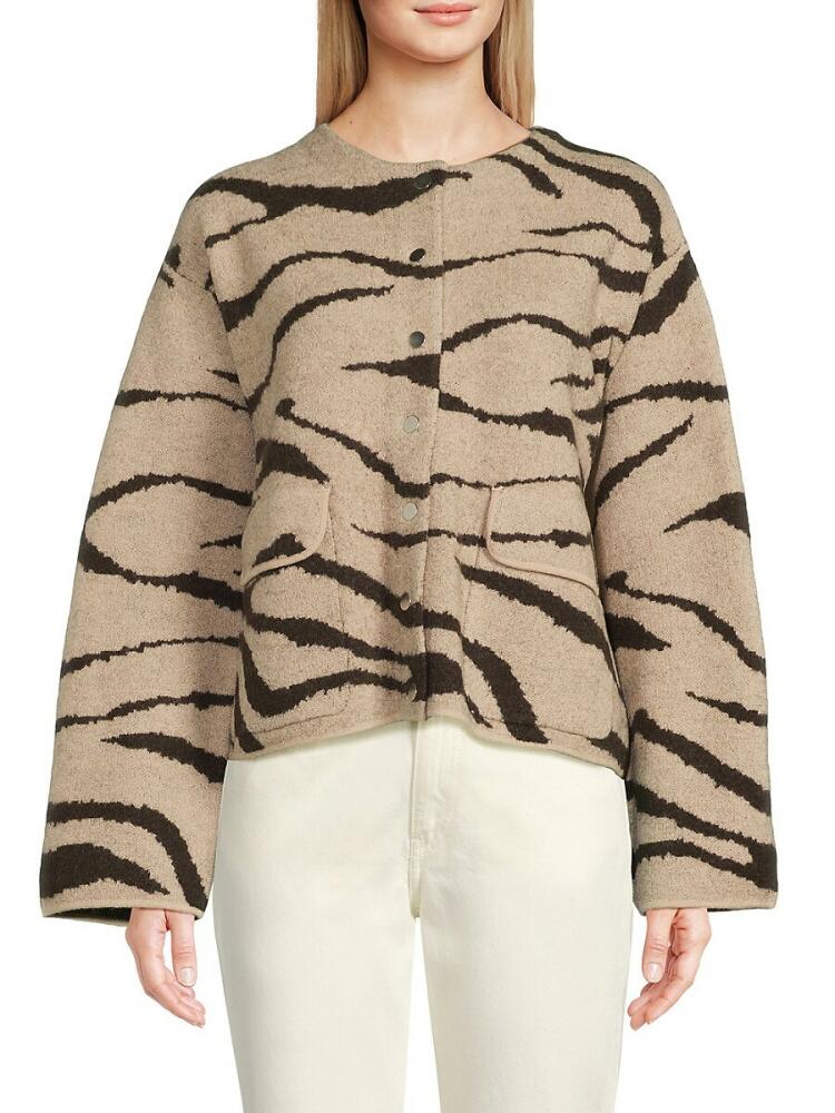 Rebecca Taylor Women's Zebra Print Merino Wool Cardigan - Beige Cover