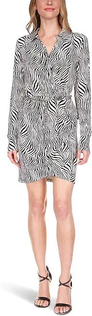 MICHAEL Michael Kors Petite Zebra Long Sleeve Pleated Shirtdress (Black) Women's Dress Cover