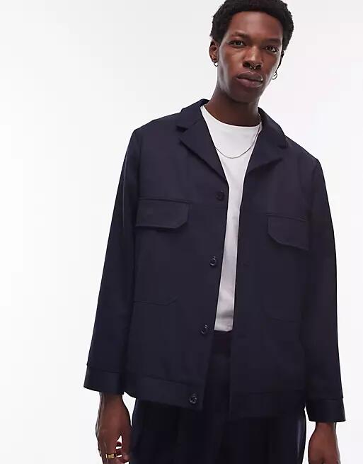 Topman smart harrington wool mix suit jacket in navy Cover