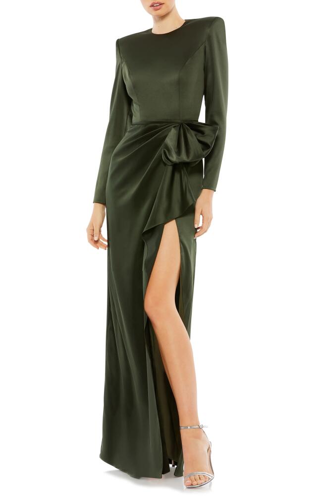 Mac Duggal Satin Bow Long Sleeve Column Gown in Olive Cover