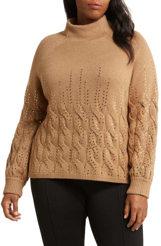 Marina Rinaldi Cable Crystal Embellished Wool Blend Mock Neck Sweater in Camel Cover