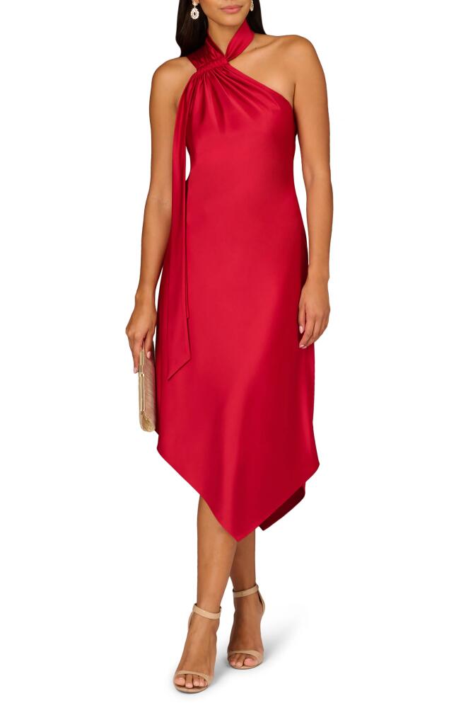 Aidan Mattox by Adrianna Papell Asymmetric Satin Halter Dress in Scarlet Spice Cover